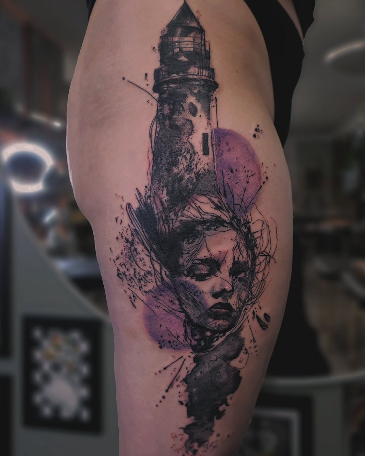 Humanism tattoo with face and lighthouse composition