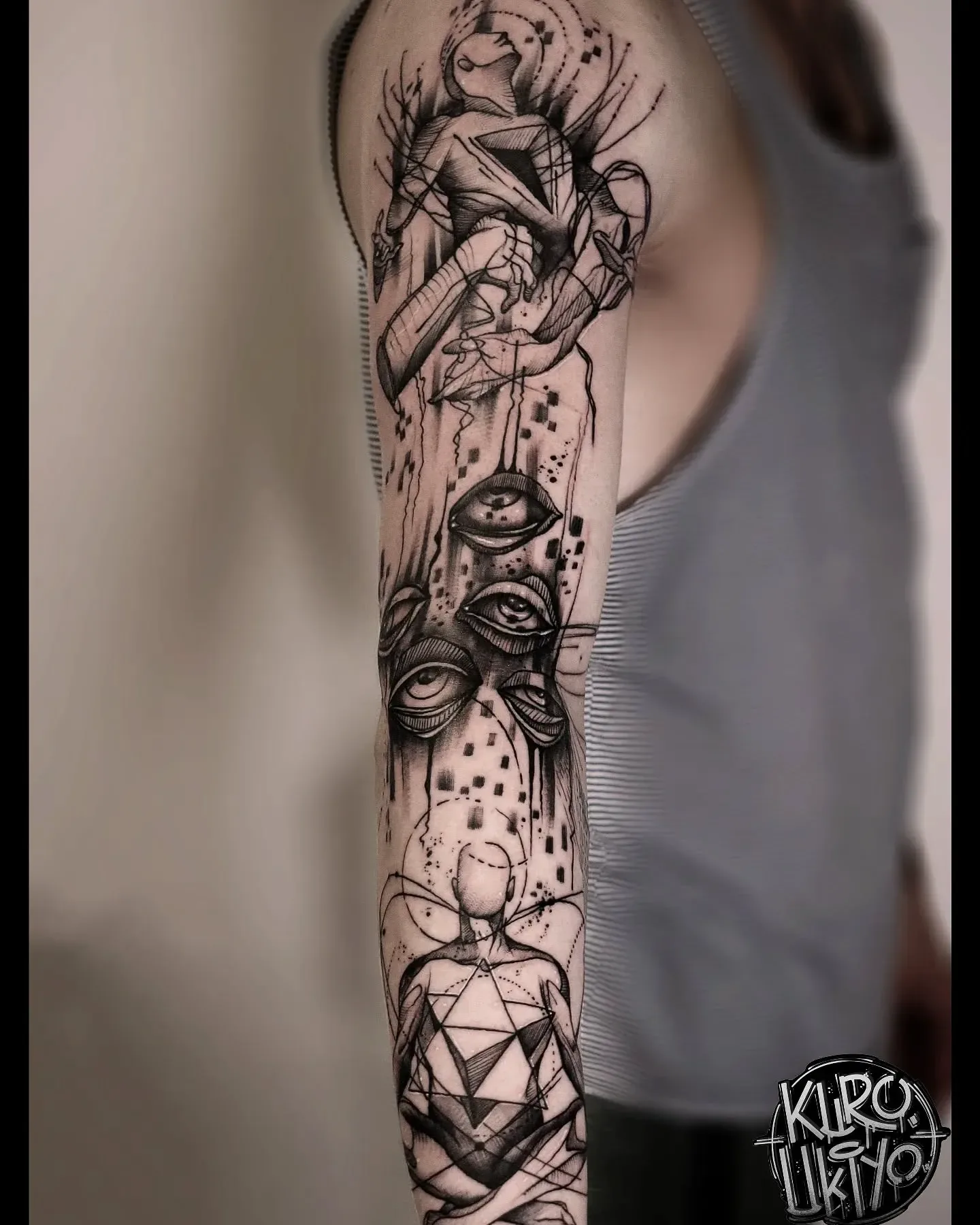 Humanism blackwork sleeve tattoo with eyes and abstract bodies