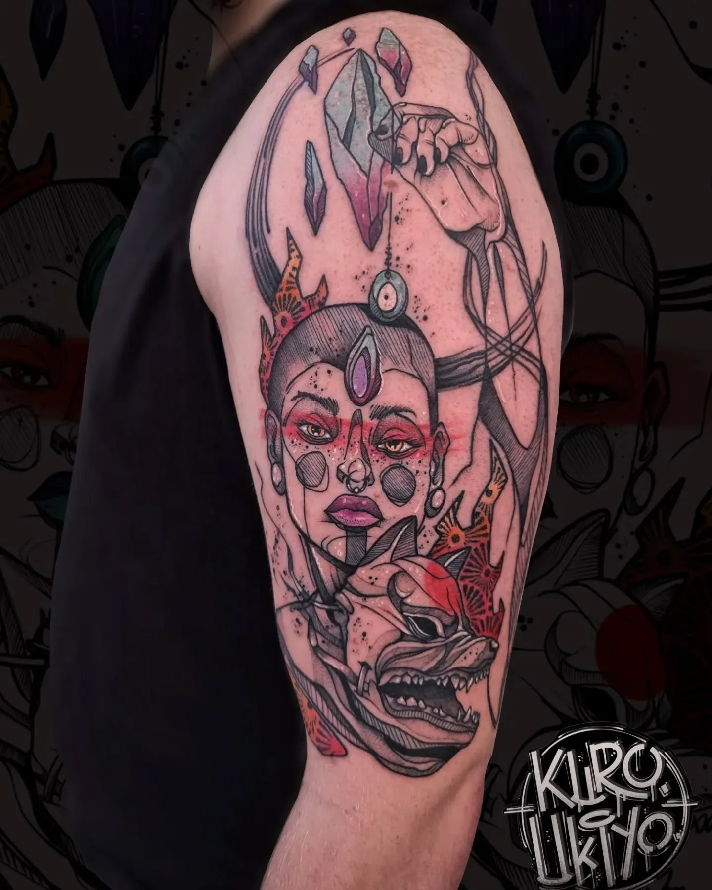 Humanism tattoo with colorful figure, crystals and animal skull