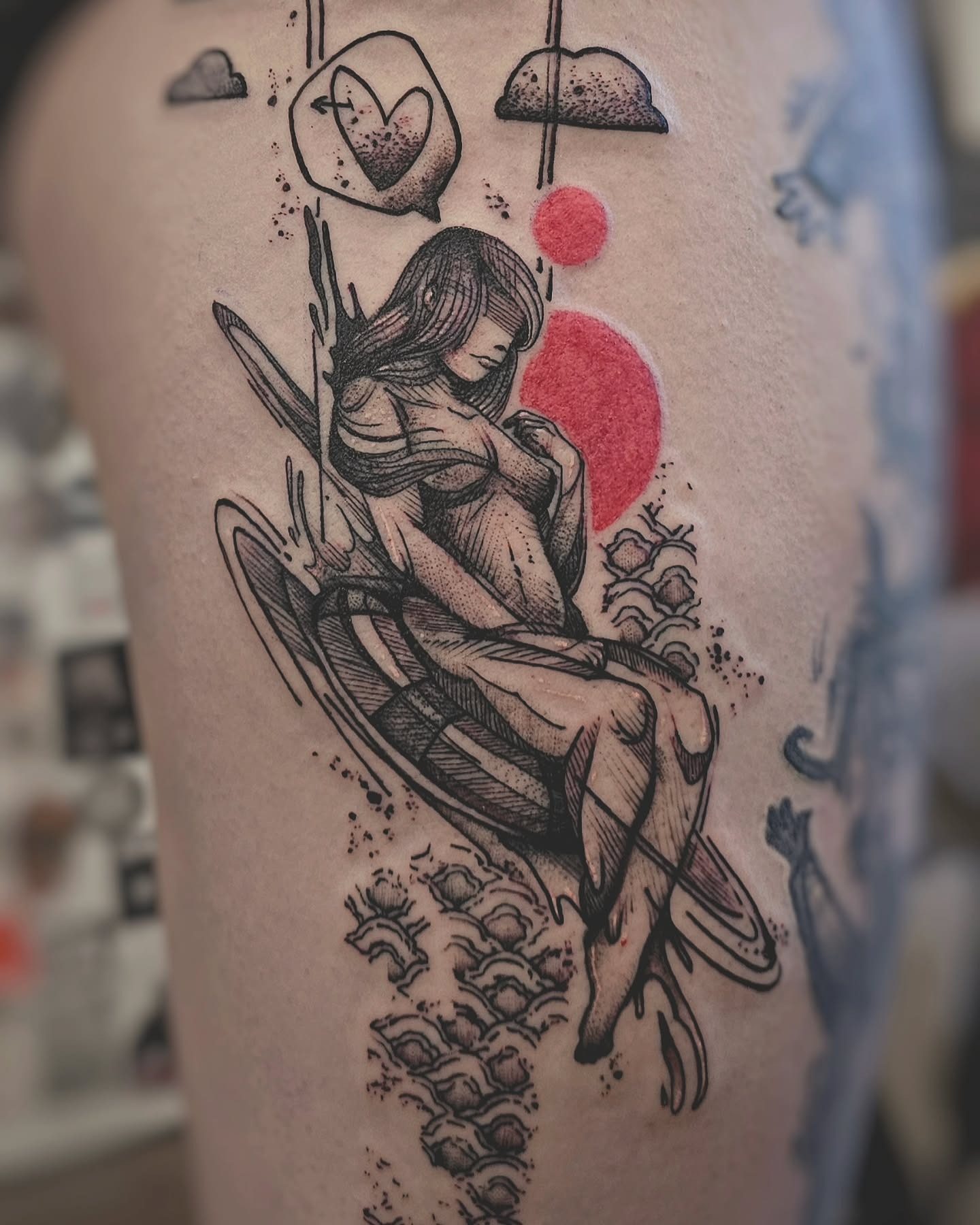Humanism tattoo with seated figure and red circles