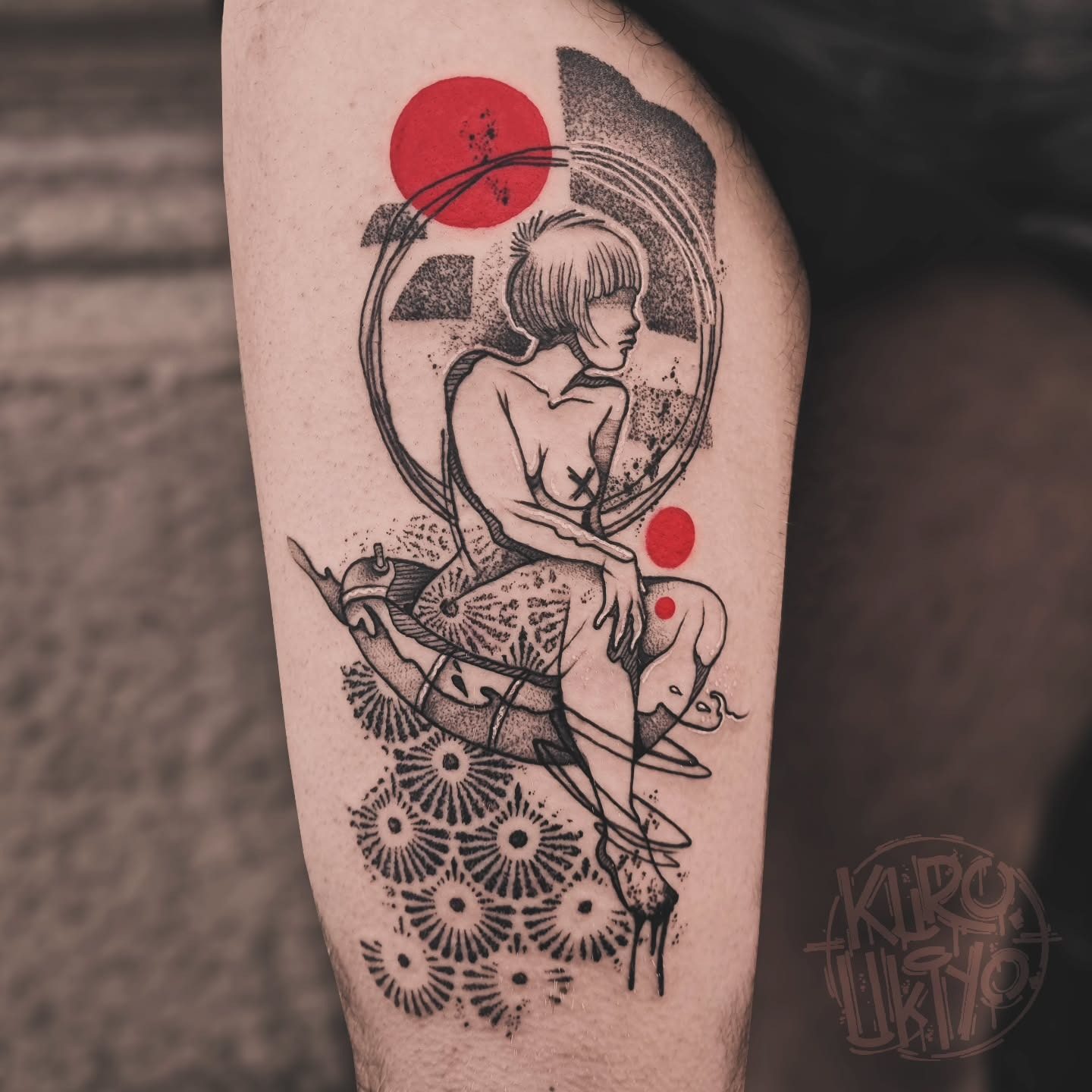 Humanism tattoo with seated figure and red dots