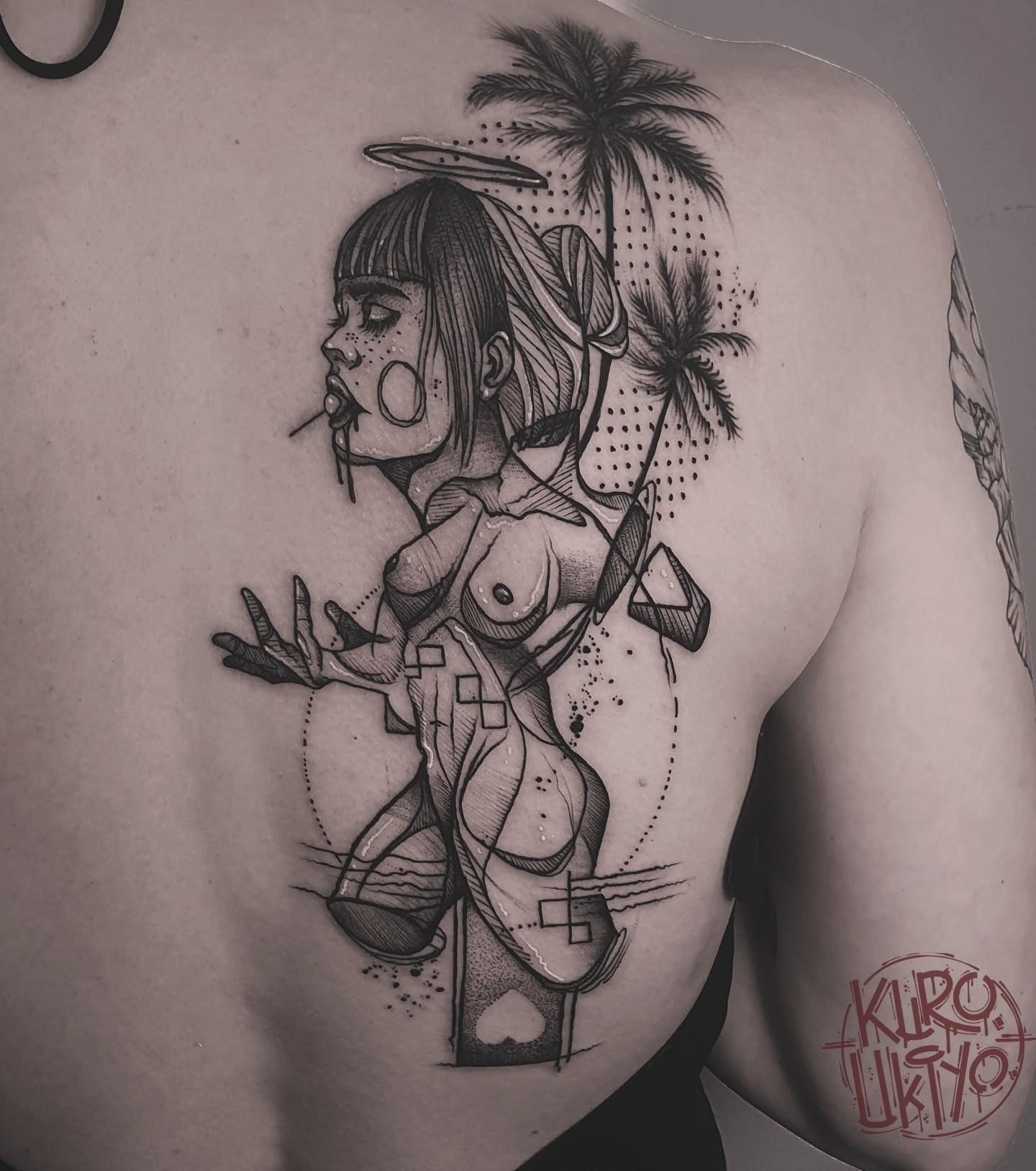 Humanism blackwork figure tattoo with palm trees