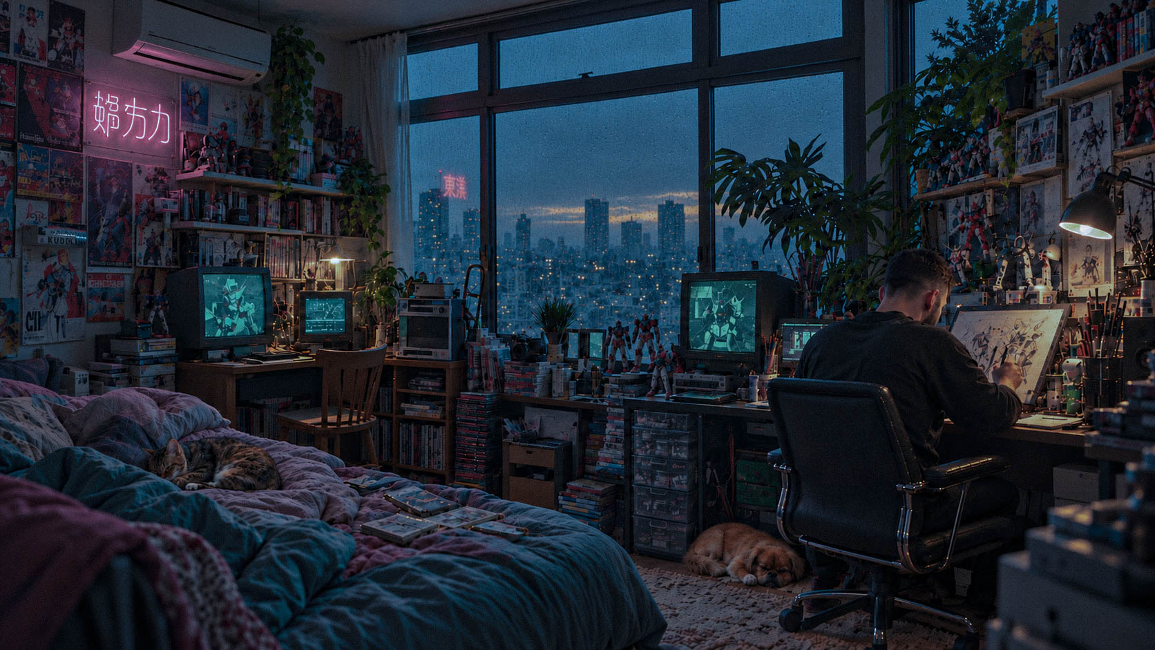 KURO drawing in a warmly lit studio overlooking rainy Tokyo, surrounded by art toys, vintage robots, plants and sleeping pets