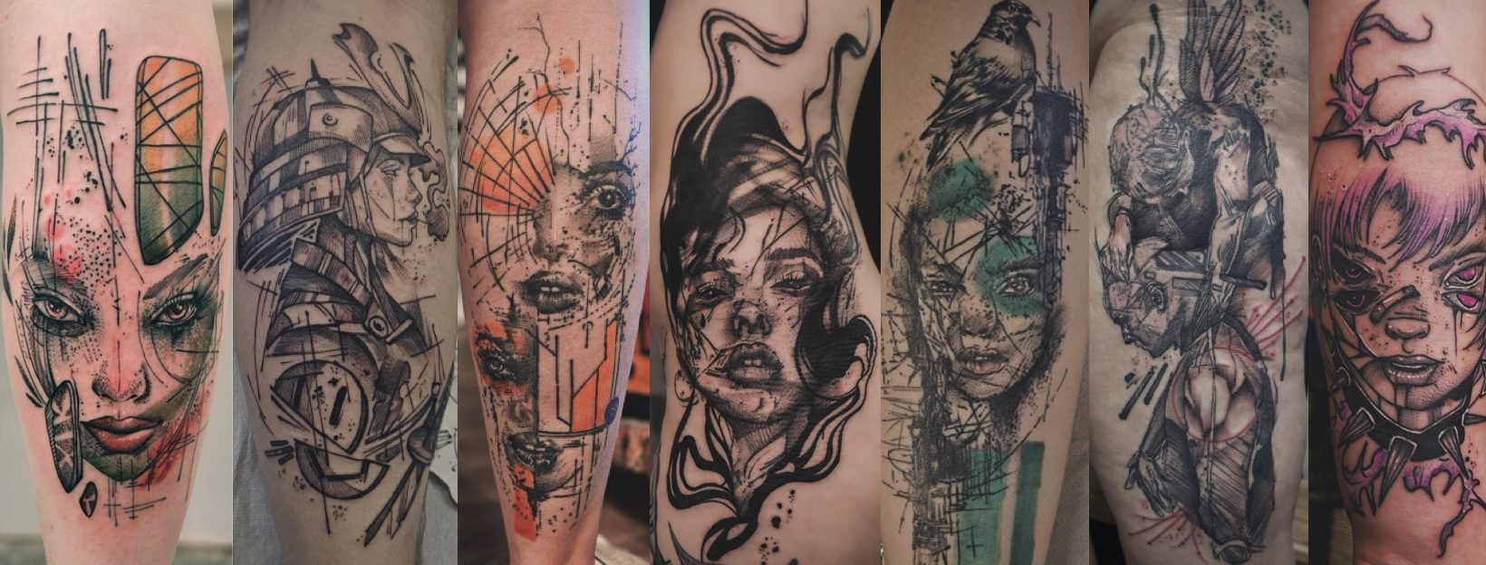 Kuro tattoo collage with graphic portrait, samurai, animal and anime-inspired tattoo work
